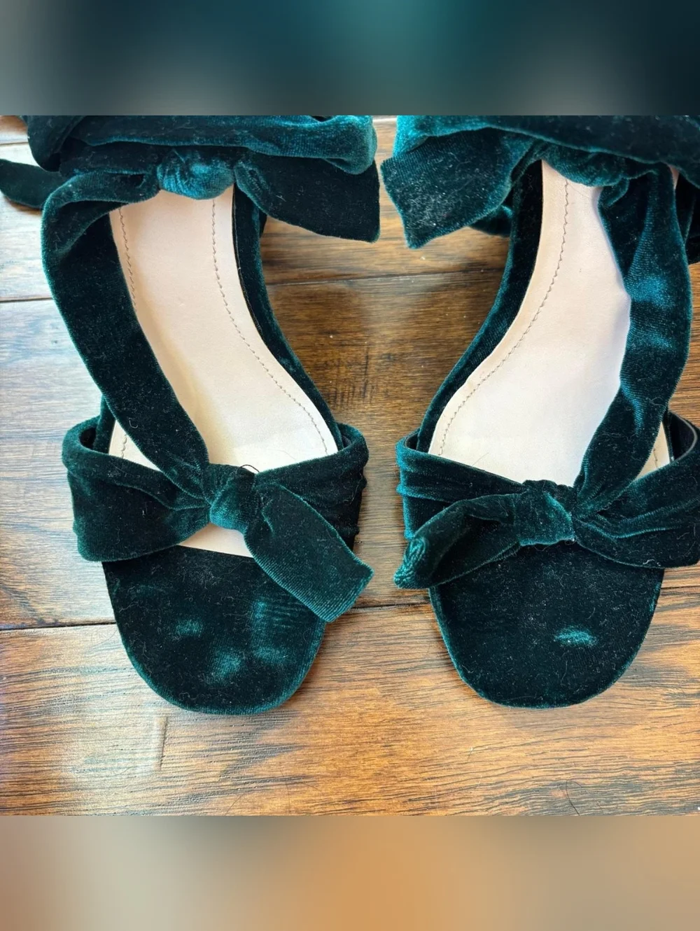 Zara Emerald Green Velvet Bow Sandals Lace Up Ankle Tie Block Heels Size 10 - Picture 4 of 8